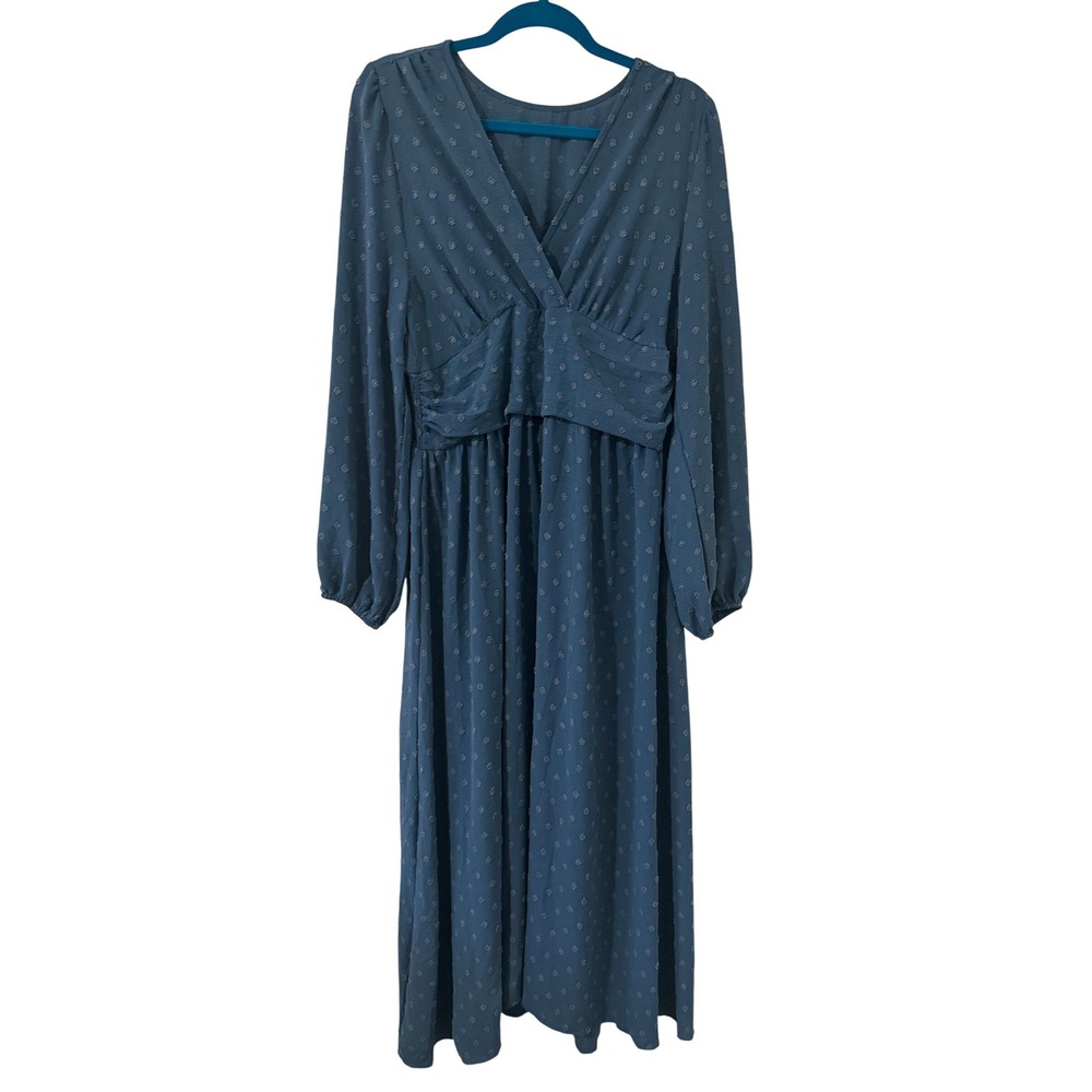 SHEIN Blue Swiss Dot Maxi Dress XL Long Sleeve Smocked Waist Boho Romantic